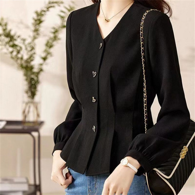 Vezri 여성용 봄 가을 브이넥 시크 예쁜 고급스러운 허리조임 짧은 긴팔 블라우스 KZ111