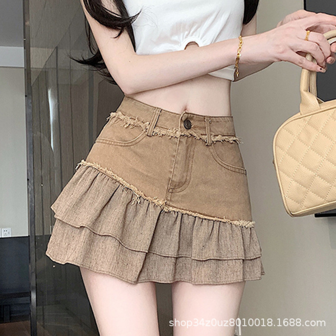 GUEFOON 短裙半身裙女牛仔純棉A字裙 夏季 防走光a包臀蛋糕裙子
