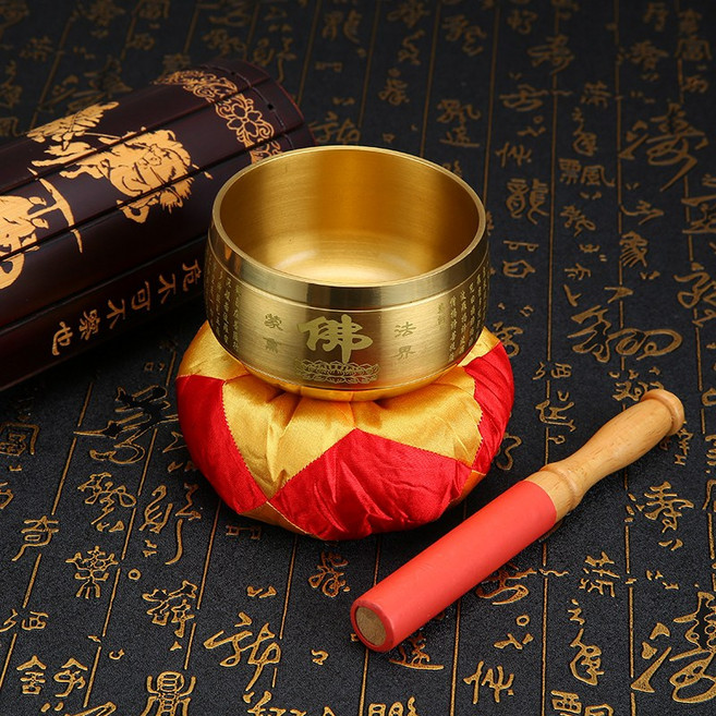 純銅心經頌缽 音缽 佛具法器 銅磬銅罄 靜心冥想 瑜珈修行 療癒身心, 1個, 3.5英寸 棍子合成材質包布