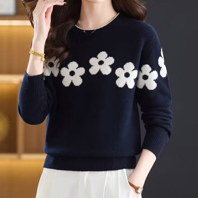 VVRR 여성 라운드넥 꽃패턴 심플스타일 데일리 캐주얼 니트 탑 B0110414