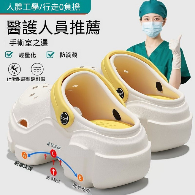 醫護人員推薦 手術室專用洞洞鞋 輕量化 防滴濺, 23 cm, 白黃 全新EVA材質+舒適輕便/不臭不悶不吸水