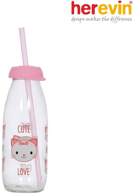 물병 헤르빈 유리병 고양이 유리 캐릭터 부엉이 쥬스병 빨대포함, 본상품