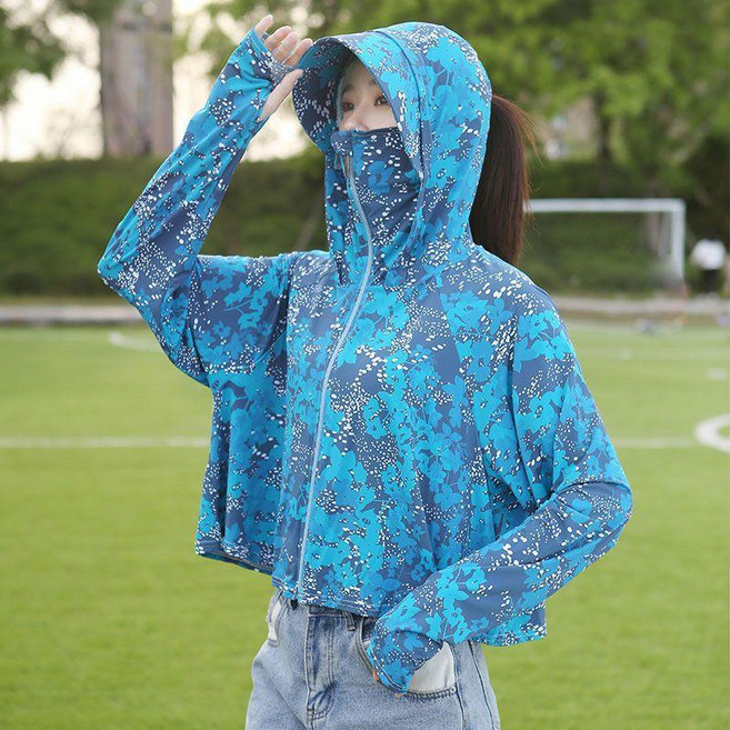 防曬衣 長袖外套 女夏季透氣連帽防紫外線防曬服, 幻彩藍 DD防曬衣,M 80-125斤