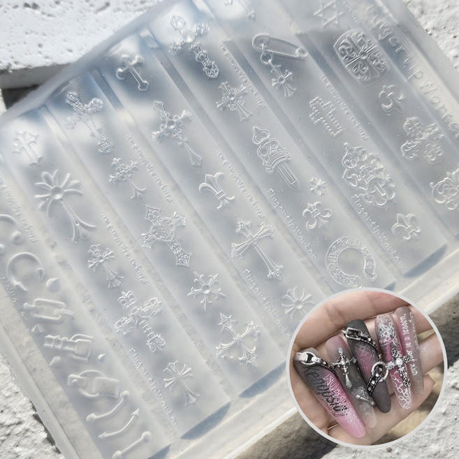 뷰티마우스 앤틱 크로스 십자가 피어싱 DIY 실리콘 네일 몰드, 1개, 투명