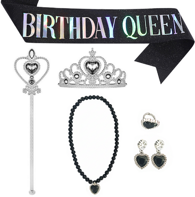[청춘교복] 공주 생일 파티 용품 5종세트+어깨띠 축하 코스프레 연말 선물 소품 프린세스 코스튬 주얼리 왕관 요술봉 목걸이 액세사리, 1개, 블랙-벌스데이퀸
