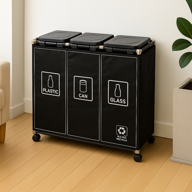 [공간앤] 대용량 튼튼 커버 3단 분리수거함 / 전용 비닐 _전용스티커 포함 /, 블랙