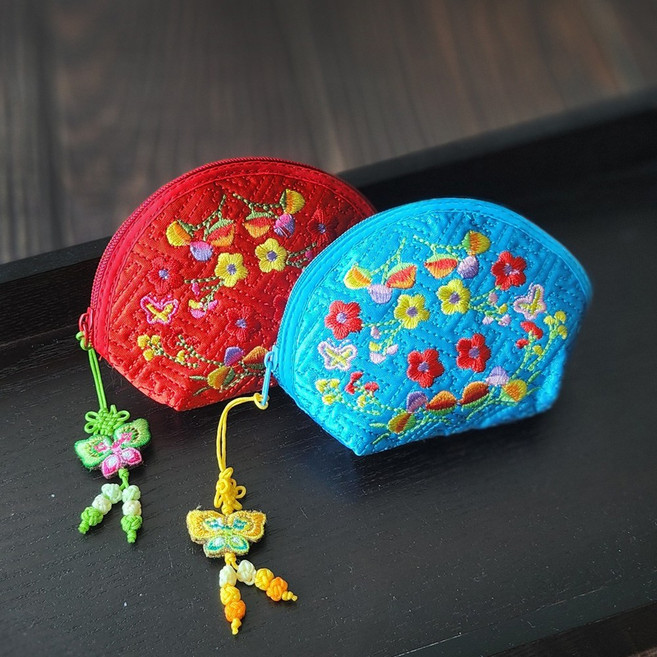 한국민예 전통 누비 꽃자수 동전지갑 미니파우치 외국인선물, 하늘, 1개