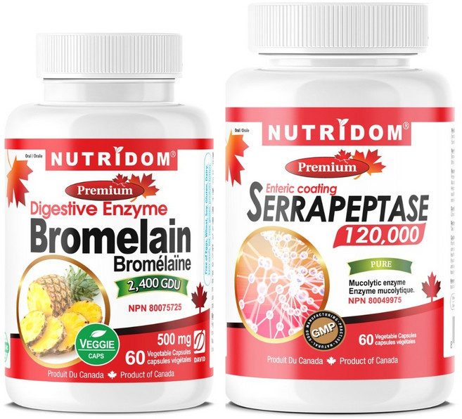 캐나다 뉴트리돔 세라펩타제 60캡슐 + 브로멜라인 60캡슐 코막힘 비염 영양제 세트, 60정