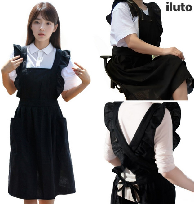 일루토 린넨 원피스형 프릴 앞치마, 시크 블랙, 1개