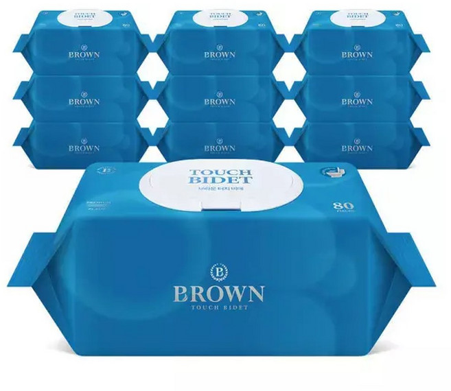 브라운 물티슈 변기에 쏙 물에녹는 터치비데 화장실용 물티슈 80매 캡형 10팩, 10개, 55g