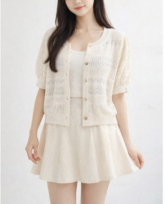 바바라보리스 국내제작 로아 레이스 펀칭 니트 가디건 (여름 반팔 버튼 가디건)