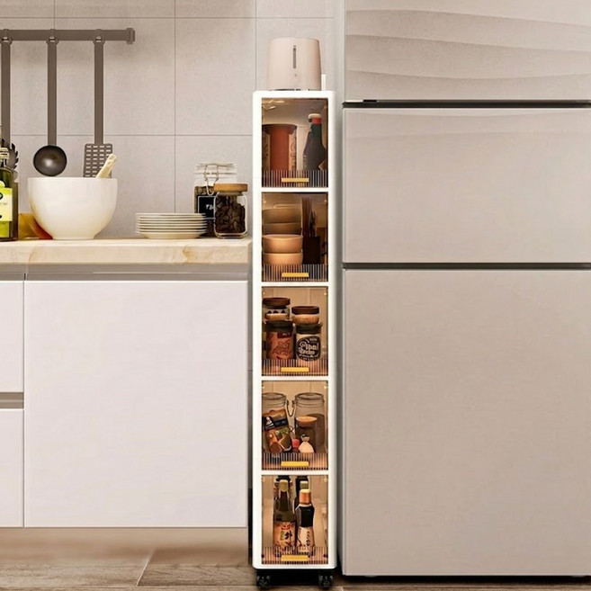 냉장고 옆 이동식 틈새수납장 투명 플랩도어 방진 다용도 수납장, 브라운