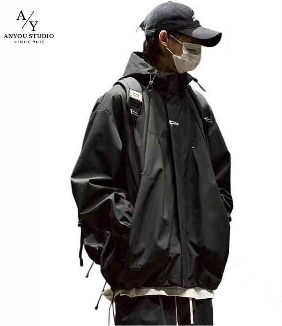 ANYOU 남성용 방수 방풍 후드 자켓 스트리트 스타일 캐주얼 아우터 다목적 아웃도어 자켓