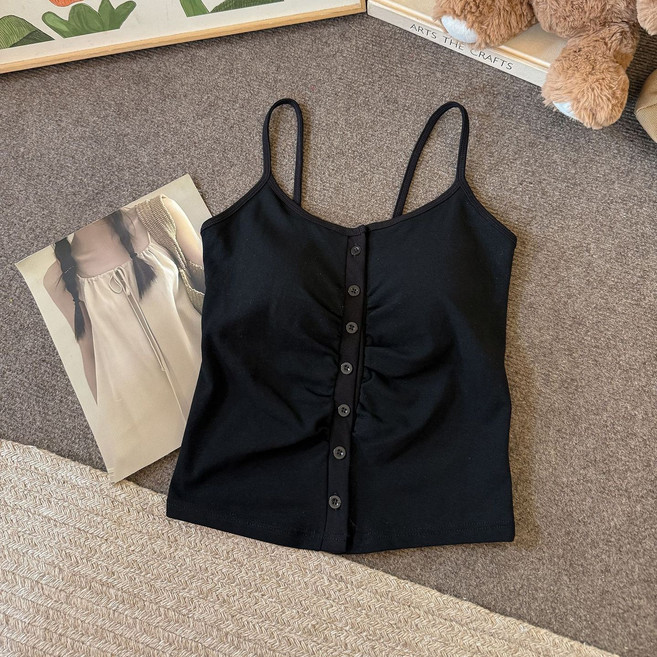 젬버트 여성 캡내장 단추 셔링 면스판 크롭 끈나시