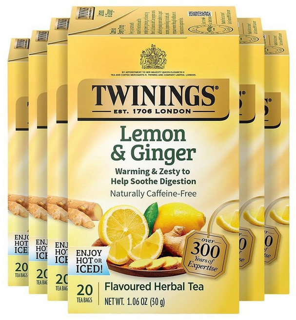 Twinings 얼 그레이 엑스트라 스트롱 홍차 개별 포장 백 20개 (1팩) 시트러스 및 베르가못 맛 카페인 뜨겁거나 차갑게 즐기기 티백 20개, 진저 레몬, 30g