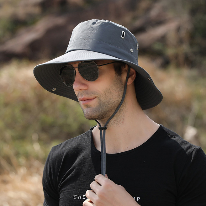 戶外男士遮陽帽大沿遮臉釣魚帽可摺疊登山帽防水透氣漁夫帽灰色默認尺寸