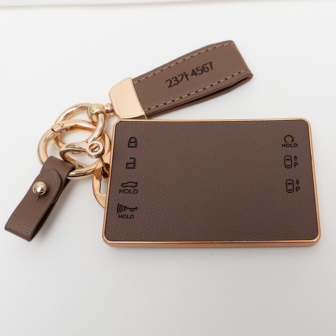 양면각인 기아 호환 EV3 EV4 EV5 EV6 K8 PV5 카니발KA4 쏘렌토MQ4 스포티지NQ5 타스만 리모컨 스마트 카드키 가죽 차키케이스 커버 스트랩, TL78_KH17, 브라운골드