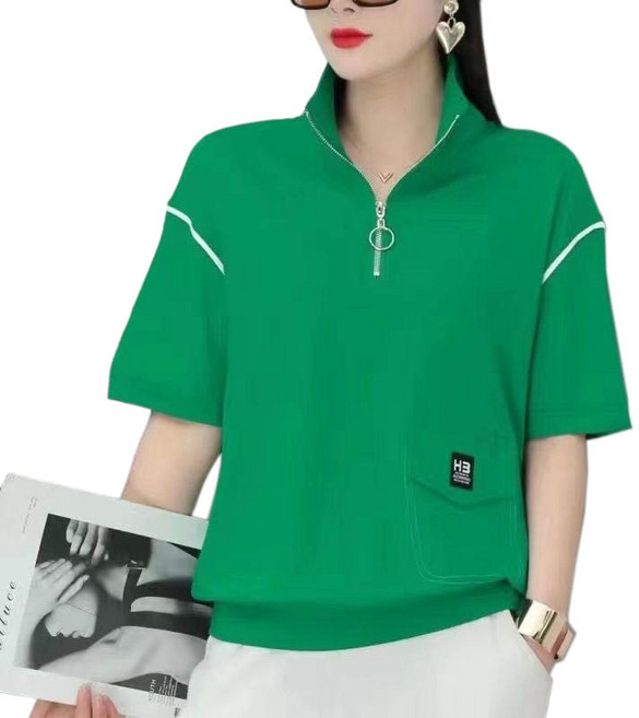 빅사이즈 카라넥 반집업 심플 5부 반팔 티셔츠 여성 여름 편한 루즈핏 날씬해보이는 얇은 시원한 캐주얼 티
