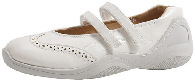 銀色瑪麗珍鞋 復古娃娃鞋 軟皮設計 雙帶淺口休閒單鞋, 白色,36