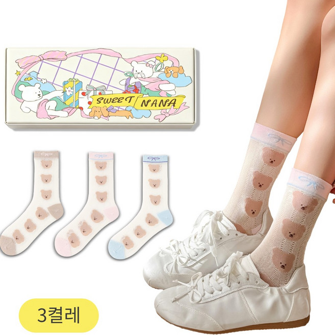 스위트나나 여성용 여름 얇은 곰돌이 시스루 중목 양말 3종 세트