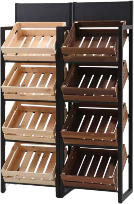 목철공방 진열대 과일매대 채소 야채 경사 보관대 펜트리 간식 선반 4단 정리장 편의점, 1개, 블랙+원목 바구니