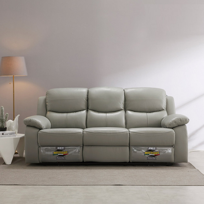 파로마 밀라노 전동 리클라이너 쇼파 천연 황소 가죽 면피 소가죽 거실 소파 3인용, 연그레이