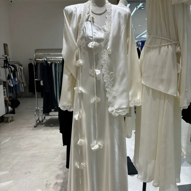 프랑스어 빈티지 v 넥 새시 실크 슬립 드레스 여성 봄 새로운 a 라인 롱 풀 슬리브 발목 길이 가운