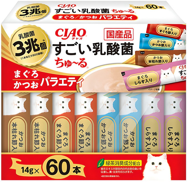 챠오 고양이 츄르 스고이유산균 버라이어티 SC-389 14g x 60p 세트, 참치&가다랑어&치킨 버라이어티, 840g, 1개