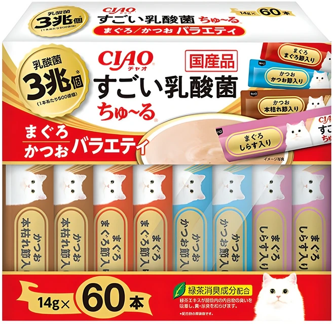 챠오 고양이 츄르 스고이유산균 버라이어티 SC-389 14g x 60p 세트, 참치&가다랑어&치킨 버라이어티, 840g, 1세트 - 쿠팡