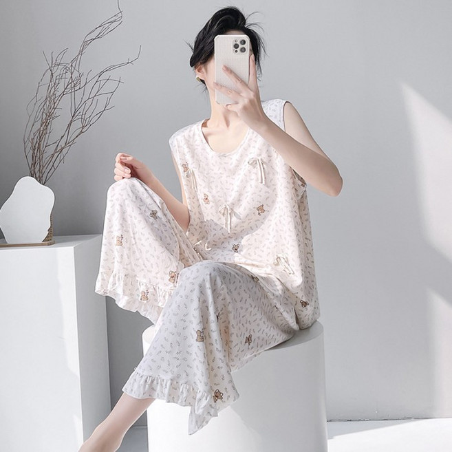 女士圓領無袖棉綢兩件式睡衣套裝