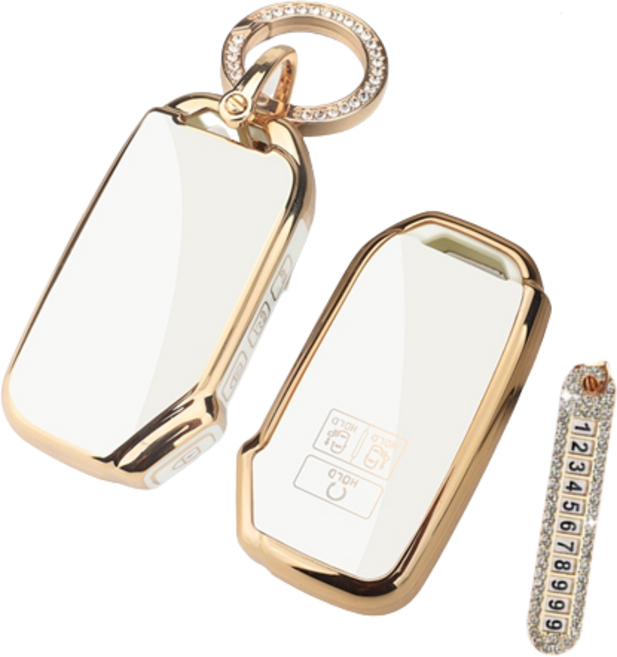 키에티 기아 신형 5버튼 스마트 차 키케이스 키홀더 + 분실방지 큐빅 전화번호판, 화이트 골드라인, KN04