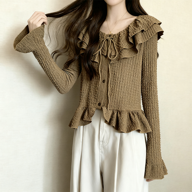 [프렌치 로맨틱] 초가을 리본 프릴 블라우스 / 여성 루즈핏 스트링 디자인 긴팔 탑
