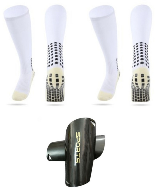 wirkri 아동용 미끄럼 방지 스트립 축구양말 2세트 + 정강이 보호대 WBCSS, 화이트, 3개