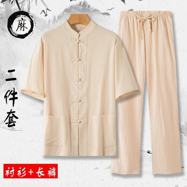 古風短袖男裝套裝，中式復古棉麻居士服