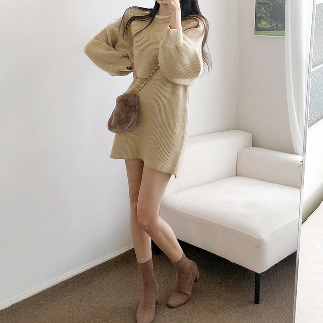 요시아나 [당일발송] 리리엔 가오리 골지 니트 나시 미니 원피스 투피스 세트 2컬러