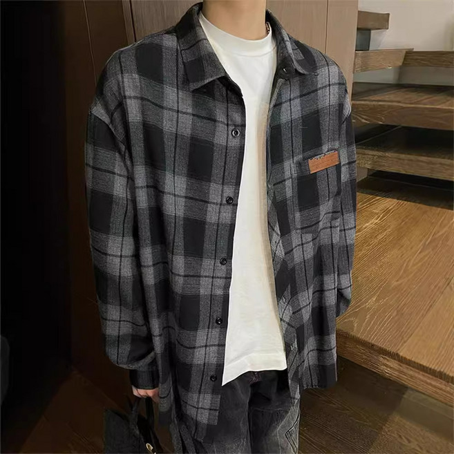 ANYOU 남성 체크 셔츠 루즈핏 숄카라 긴팔 셔츠 캐주얼