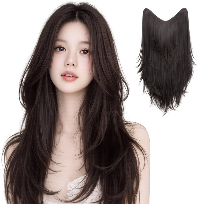 미제르바 볼륨 C컬 레이어드컷 붙임머리 헤어피스 긴머리 가발 50cm, 1개, 블랙브라운x50cm