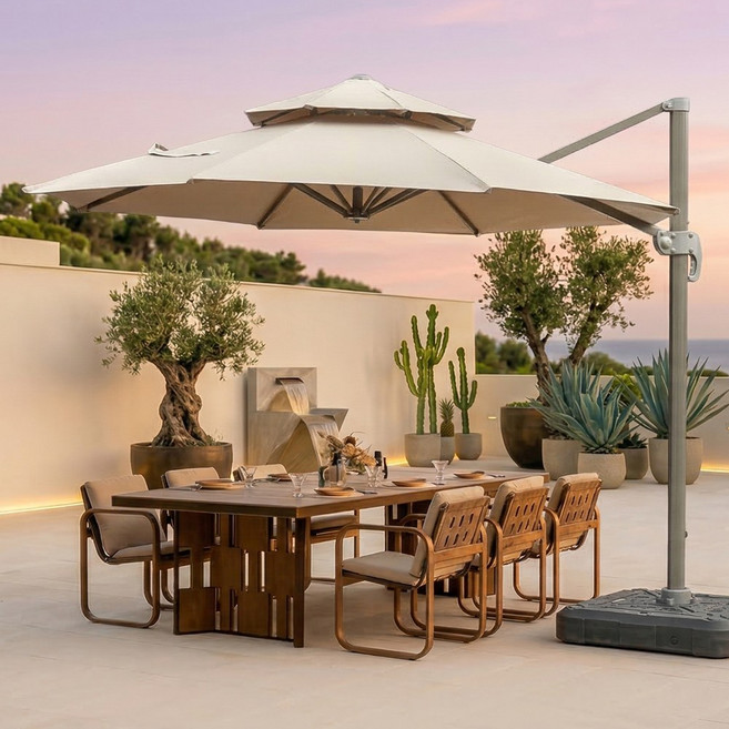 연필트리 파라솔 대형파라솔 홀딩파라솔 받침대 세트, 팔각 크림베이지+받침대