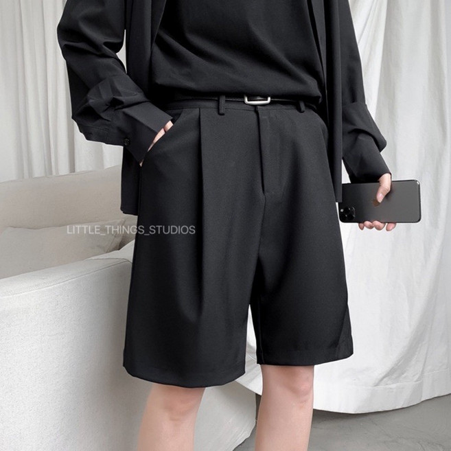 LITTLE_THINGS_STUDIOS 男款打褶素面西裝短褲 黑色百搭五分褲