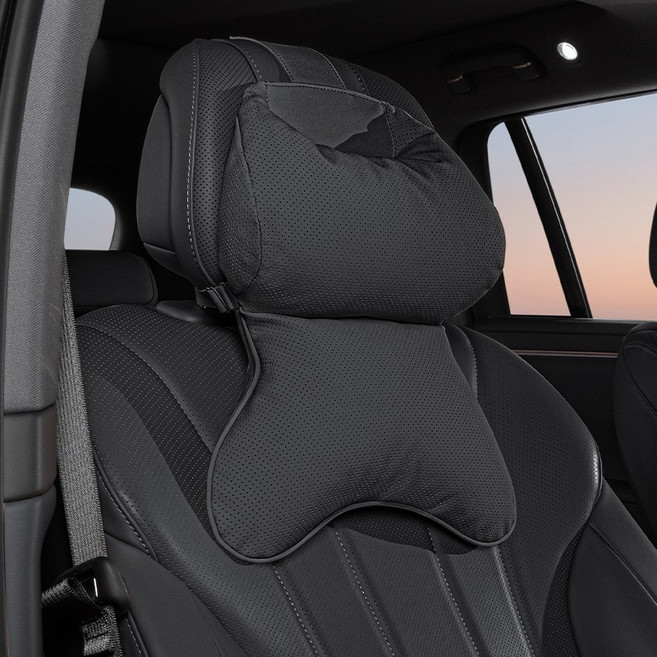 차량용 목쿠션 허리쿠션 프리미엄 요트 가죽 클라우드 솜 메모리폼 숨쉬는 타공 원단 목 보호 쿠션 사계절 공용 통기성 타공 자동차 시트 등받이 쿠션, [럭셔리 블랙] 목쿠션, 1개