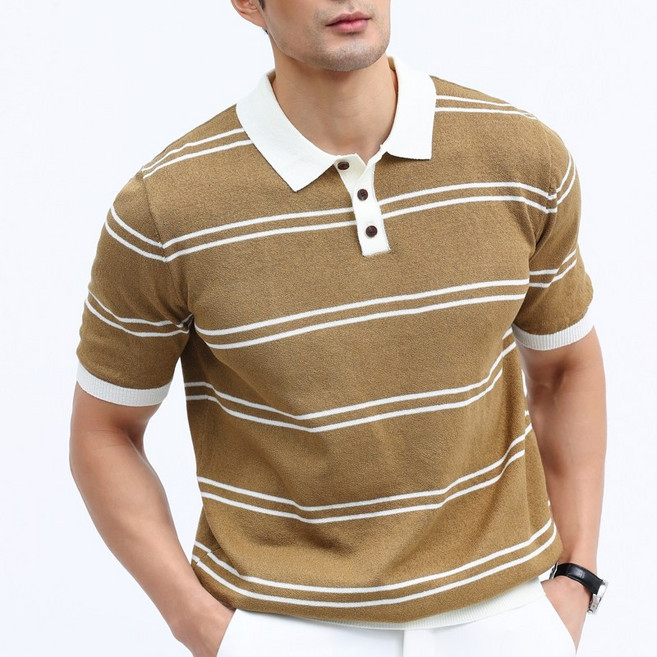 글리멜로 여름 남자 소프트 쿨링 스트라이프 니트 카라 반팔 티셔츠