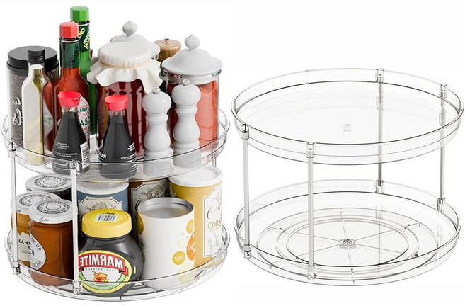 2단 Lazy Susan 캐비닛 조리대 식료품 저장실용 턴테이블 너비 30.5cm(12인치) 스피닝 시즈닝 오거나이저 이중 회전 주방 향신료 랙 정리함 및 조미료 약