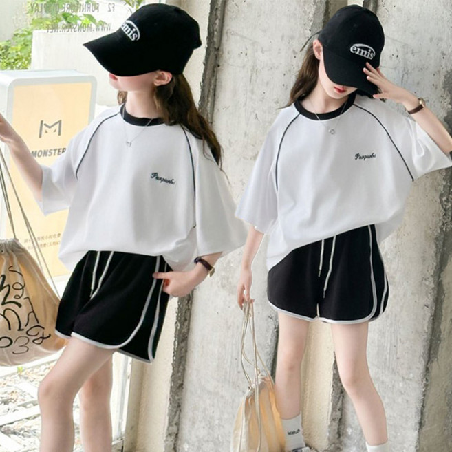 비비키드 주니어 상의 초등생 하의 세트 여아 여름 세트 초중생 라인 영문 레터링 반팔티 반바지 초등생 상하세트 (2513)