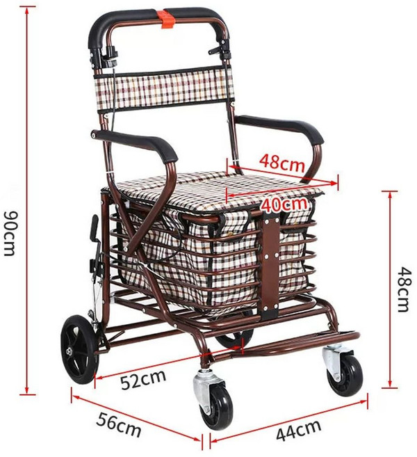 노인 시장바구니 카트 브라운 2륜 장보기 접이식 핸드카 어르신 짐 카트+벨 접이식, 1개, K. 모델 E 싱글 휠 스틱 브레이크 페달 앤티크 브론