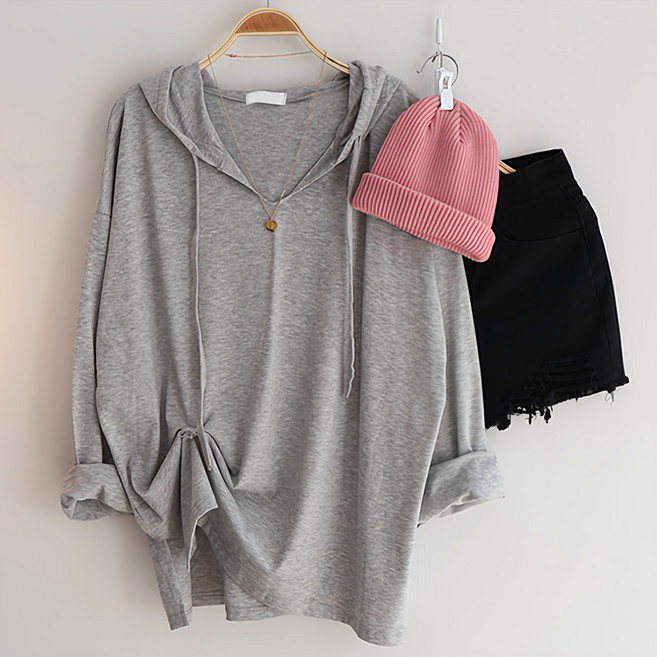 스카이코코 여성 후드티 긴팔 티셔츠 찰랑 박스 롱티