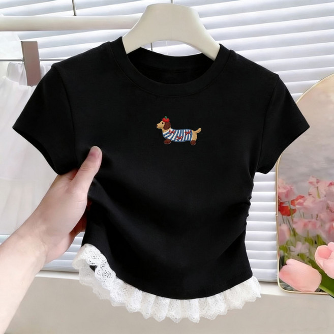 해피유통 어린이 봄여름 강아지 캐릭터 패턴 반팔 티셔츠 레이스 밑단 디자인 디자인14세 이상