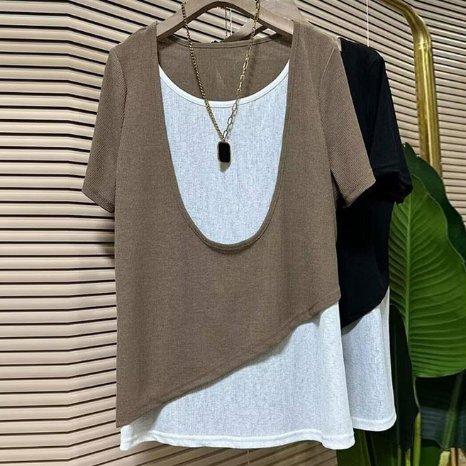 씨유언니 여성 여름 루즈핏 브이넥 반팔 티셔츠 우아한 레이어드 디자인 캐주얼 반팔티