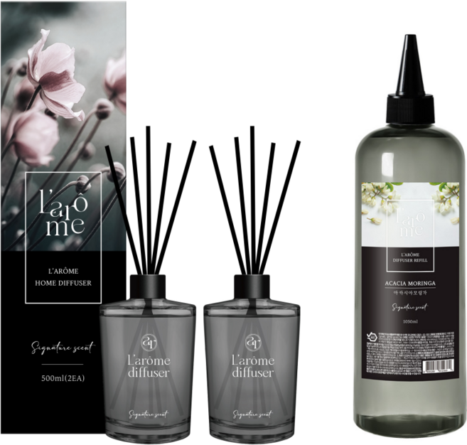 라홈 실내용 디퓨저 510ml 2p + 라홈 1050ml 대용량 리필오일, 1개, 2.07L, 아카시아모링가