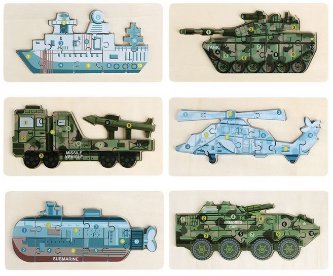 兒童3D立體木製拼圖 交通軍事載具 益智拼裝玩具 3-6歲, 1個, 軍事交通拼圖3張（聯系客服備注款式）