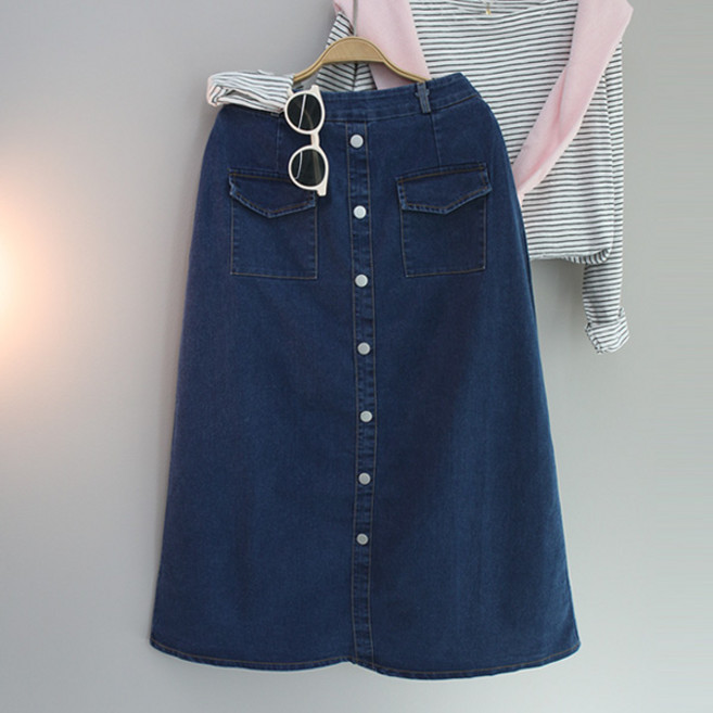 달콩 여성 봄신상 롱치마 청치마 앞버튼A라인데님롱스커트